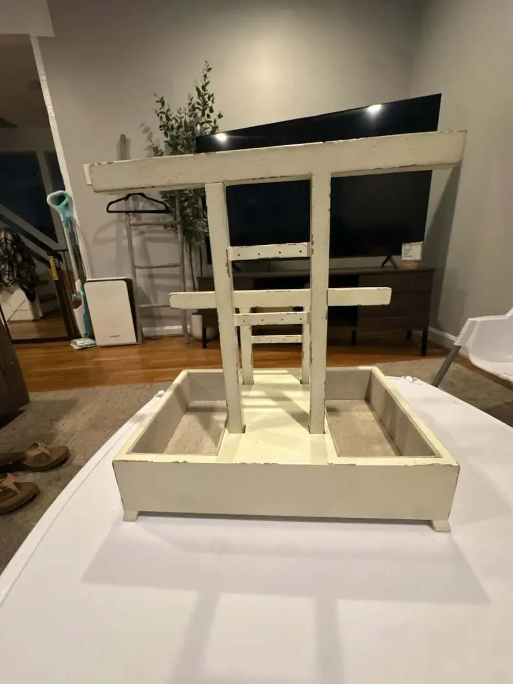 Distressed White Wood Jewelry Stand Organizer with Trays and Drawer